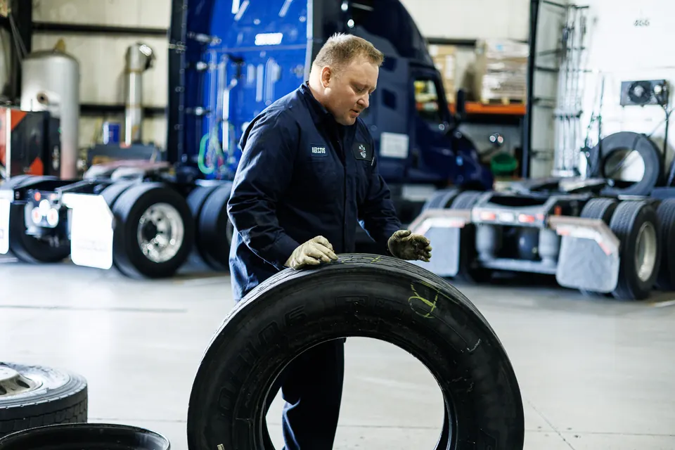 A DOT inspection underway on a commercial truck at the Truck Clinic shop in Romeoville