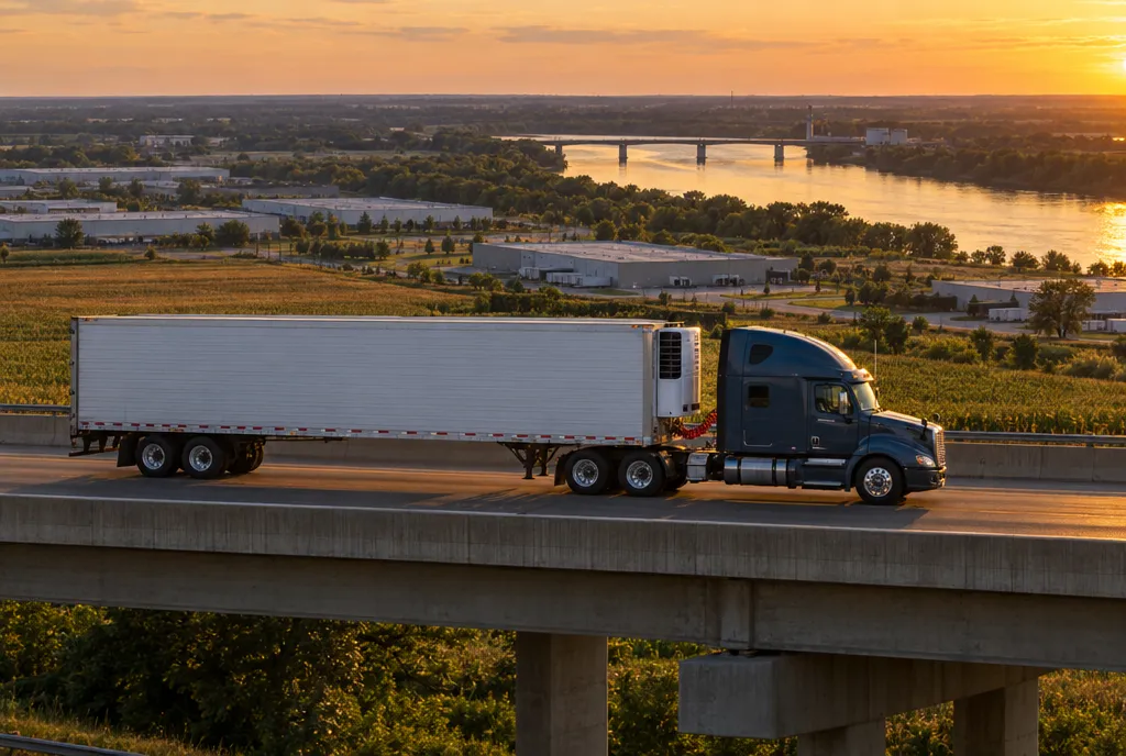 Tractor-trailer heading east on the I-88 corridor out of Aurora, IL at sunset