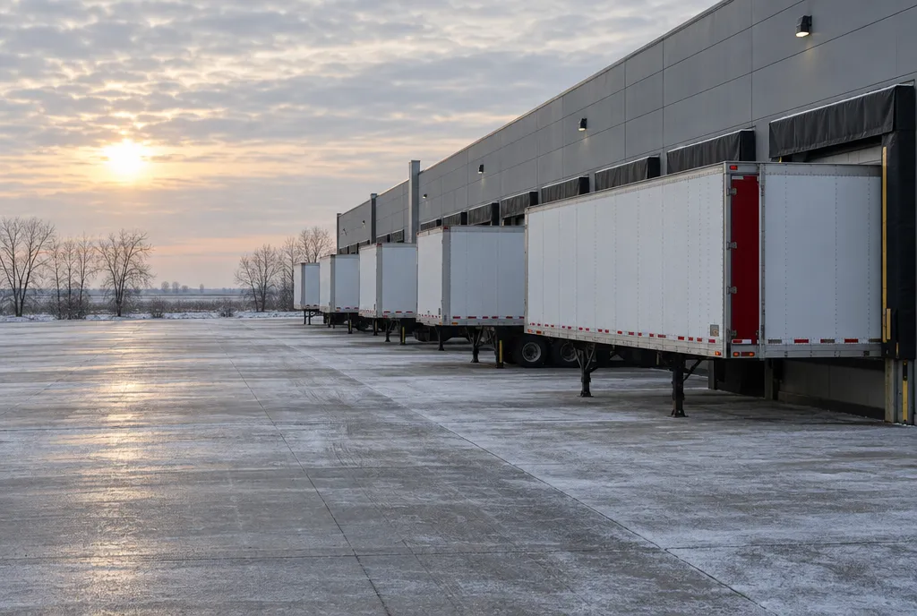 Dry-van trailers backed into the loading docks of a distribution center on a frosty morning near Bolingbrook, IL