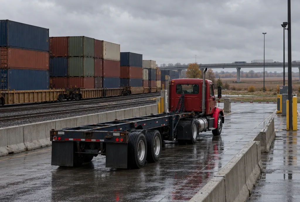 Day cab with a container chassis waiting in a gate queue at an intermodal yard near Joliet, IL