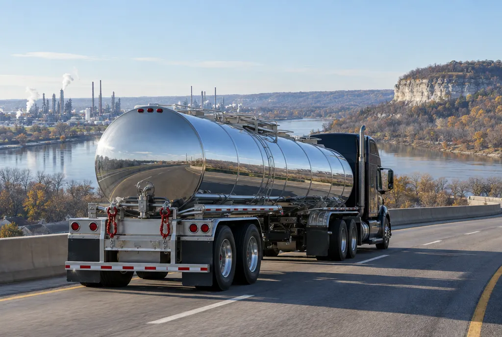 Tank trailer on an I-355 ramp above the Des Plaines valley near Lemont, IL