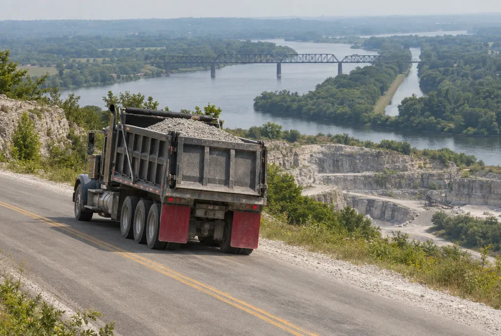 Loaded dump truck on a quarry road near the Des Plaines River valley by Lockport, IL