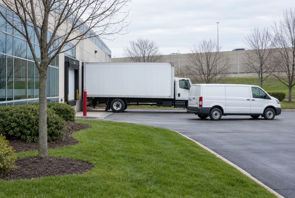 Box truck and service van behind an office park beside the I-88 corridor in Naperville, IL