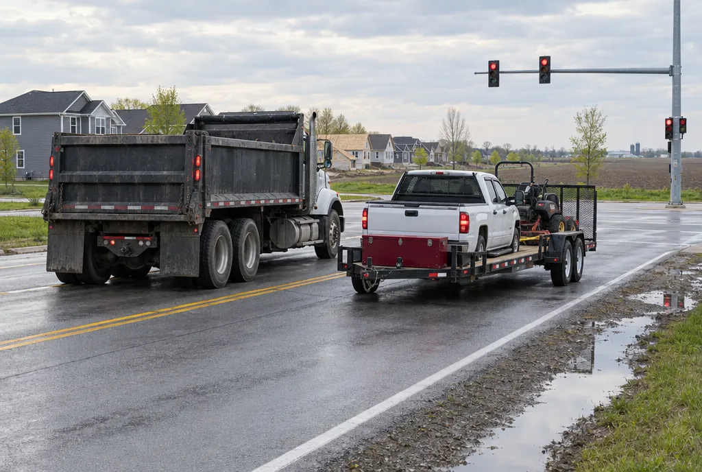 Dump truck and landscape trailer at a suburban intersection near Plainfield, IL