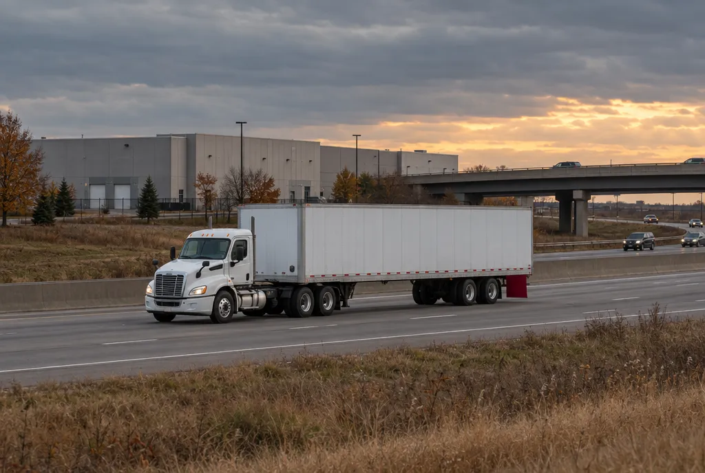 Day cab and dry-van trailer passing warehouses beside an I-55 overpass in the Romeoville, IL industrial corridor