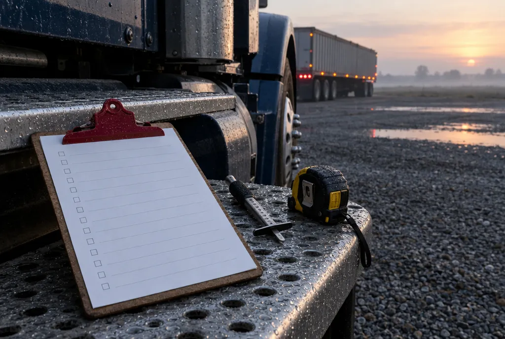 Clipboard, tread-depth gauge and tape measure on a truck step during a pre-inspection walk-around
