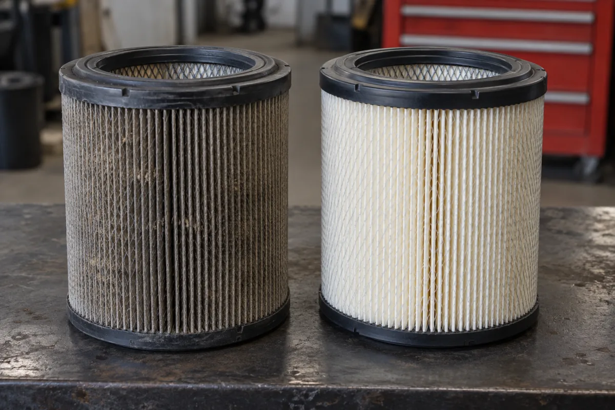 AI-generated illustration of a dusty air filter beside a clean replacement filter