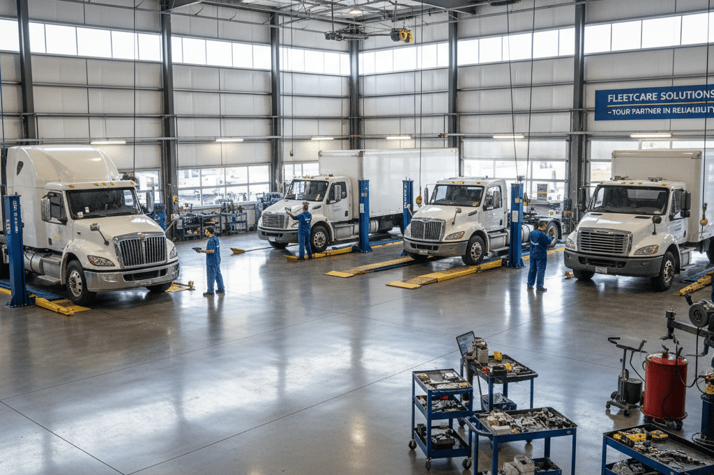 Commercial Fleet Repair in Chicago service bay with multiple trucks under maintenance